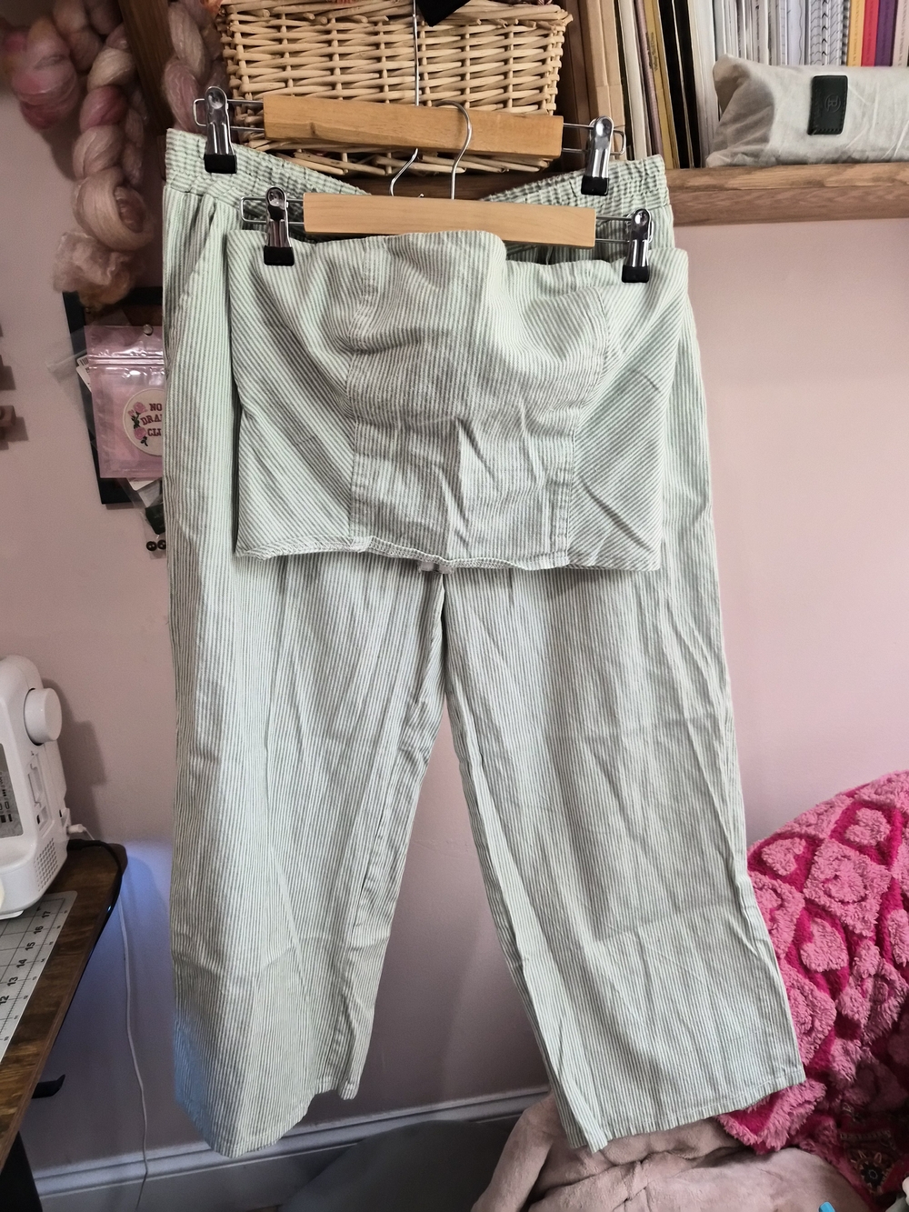 Le Lis green striped strapless crop top and wide-leg pants set